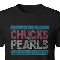 T-shirt personnalisé en coton à manches courtes pour femme avec strass Chucks and Pearls, motif graphique brillant, style décontracté et tendance