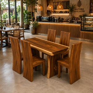 Solid Suar Wood <b>Dining</b> <b>Table</b> <b>Set</b> with Block <b>Dining</b> Chair Suar Wood 1 Modern <b>Rustic</b> Premium Quality Live Edge Design for Hotel - Product Image 3