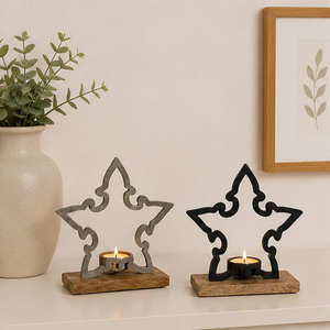 Handcrafted Rustic Metal Star Tealight Candle Holder With Natural Wooden Base Decorative Wrought Iron T-light <b>Stand</b> For Home - Product Image 6