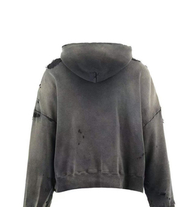 Oversized <b>Crop</b> <b>Zip</b>-<b>Up</b> <b>Hoodie</b> Men's Solid Color French Terry Sweatshirt With Spray Printing And Washed Effect OEM ODM - Product Image 2