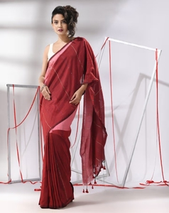 KV <b>Red</b> Cotton Stripes Pattern Sequined Work Saree With Unstitched <b>Blouse</b> - Product Image 3