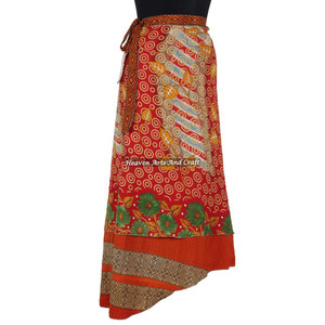 Jupes longues en soie sari indienne vintage à 2 couches, style hippie, pour la plage, jupes longues réversibles en soie sari à 2 couches - Product Image 3