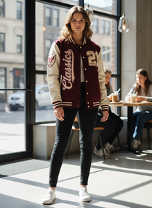<b>Men's</b> Maroon Varsity <b>Jacket</b> <b>Cream</b> PU Leather Sleeves Embroidered Classics 21 Patch Design Letterman Bomber <b>Jacket</b> Preppy Style - Product Image 4