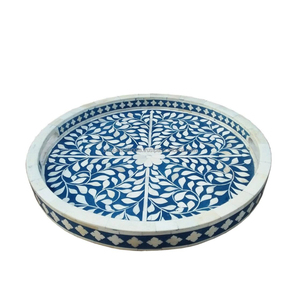 Elegante Bandeja Redonda Decorativa de Mesa Hecha a Mano con Incrustaciones de Hueso, Diseño en Zigzag Blanco y Negro, Técnica Pulida - Product Image 4