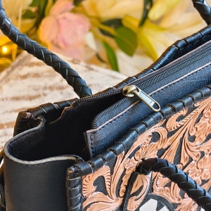 New Black & White Checkboard Pattern Florals <b>Tooling</b> Carved 100% Genuine <b>Leather</b> Waterproof Women's Tote Shopping Purse Hand Bag - Product Image 4