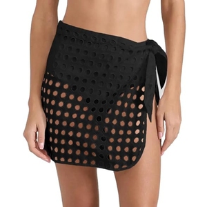 Falda pareo corta para mujer con cintura anudada y diseño hueco, minifalda cruzada, pareo, cubrebañador, para bikini - Product Image 3