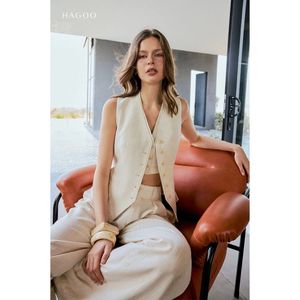 Q9071 Beige Breathable Solid Mid Waist Wide Leg Sleeveless Button Front Trousers Set Casual Summer Women Outfit - Product Image 4