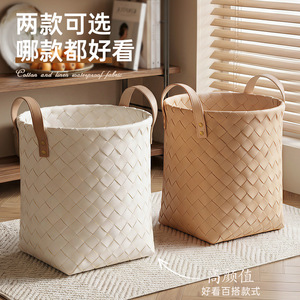 Woven Leather <b>Storage</b> Basket <b>Collapsible</b> Organizer Bin with Side Handles for Bedroom Nursery Closet - Product Image 2
