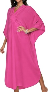 Robe Kaftan ample à col en V et manches courtes pour femme, couleur unie, longueur midi, tissée, style décontracté, idéale pour la plage en été - Product Image 6