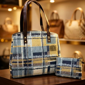 2-Piece Set Women's Plaid Print Fabric Tote Bag with Matching Pouch Shoulder Bag - Product Image 1