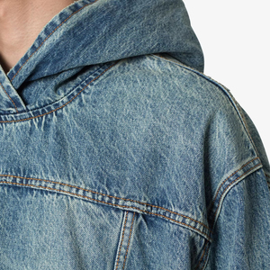 Wholesale 100% Cotton <b>Denim</b> Sun Faded <b>Jackets</b> Heavyweight Acid Washed Oversized Distressed <b>Denim</b> Pullover Hoodies for <b>Men</b> - Product Image 6