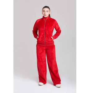 <b>Women</b> Red <b>Velvet</b> <b>Tracksuit</b> Full Sleeve Stand Collar Sporty Loose Fit 2 Piece Set All Seasons Breathable Woven Polyester - Product Image 3