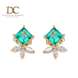 Modern 14KT Solid Yellow Gold Lab Grown Diamond and Colombian <b>Emerald</b> <b>Studs</b> <b>Earrings</b> IGI Certified Stylish Gift Women Jewellery - Product Image 1