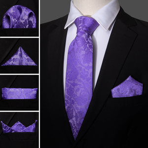 Conjunto de Corbata y Pañuelo de Boda para Hombre, Ecológico, de Satén, Color Morado Sólido, con Diseño Floral Paisley, Logotipo Personalizado para el Novio - Product Image 5
