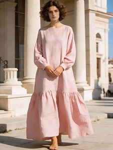Women <b>Boho</b> Plain Maxi <b>Dress</b> <b>Long</b> Sleeve Cotton Linen Loose Fit Round Neck Flowy Casual Holiday <b>Dress</b> - Product Image 4