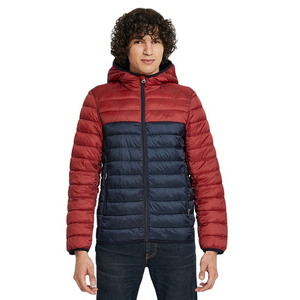 Men's Solid Color Blocking Canvas Puffer <b>Jacket</b> <b>Red</b> Navy Winter Casual Zipper Closure <b>Waterproof</b> Windproof - Product Image 1