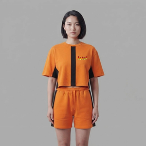 Conjunto de 2 piezas para mujer de alta calidad, con hombros caídos, 100% algodón, bicolor, transpirable, estilo streetwear hip hop. - Product Image 1