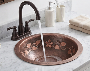 Évier de cuisine rond en cuivre fait main élégant avec motif floral, finition mate, à poser sur le comptoir, à cuve unique, style rustique - Product Image 6