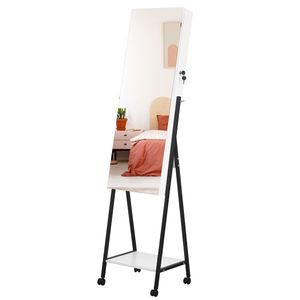 Meuble de Rangement Blanc pour Bijoux et Maquillage avec Miroir Intégré, Type Plancher en Bois, 1 Étagère, 4 Roues et Bande Lumineuse - Product Image 3