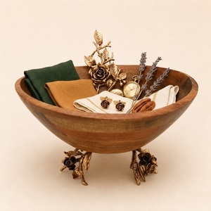 Grand bol décoratif en bois d'acacia artisanal de luxe avec accents en métal rose doré antique, idéal pour les mariages - Product Image 5