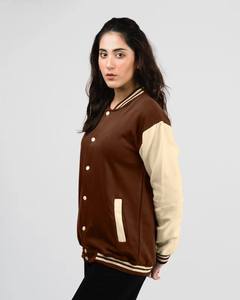 Veste universitaire marron et crème pour femme, manches longues, boutonnée, design contrasté, pour l'automne - Product Image 3