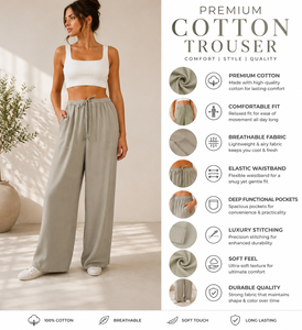 Pantalon en coton à jambes larges de luxe |   Pantalon droit élastique taille haute pour femme, idéal pour la gym, le yoga et les loisirs, avec poches latérales, collection été - Product Image 2