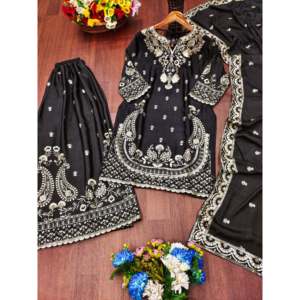 Ensemble costume Sharara et Dupatta brodé chinon pour femmes - Product Image 3