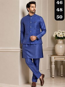 <b>Men's</b> Pink Silk <b>Kurta</b> Pajama Set With Nehru Jacket Traditional Ethnic Wear For Wedding Regular Fit Ankle Length All Seasons - Product Image 5