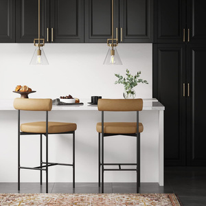 Counter Height Chair, Modern <b>Barstool</b> with Back, Mid-Century Metal Legs and <b>Leather</b> Padded Cushion for Kitchen & Bar Chairs - Product Image 3