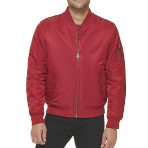 PREMIUM MEN'S RED BOMBER <b>JACKET</b> <b>ZIP</b> <b>UP</b> CASUAL OUTERWEAR WITH RIBBED COLLAR CUFFS HEM SIDE POCKETS AND SLEEVE UTILITY POCKET - Product Image 1