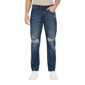 Tapered Fit Men's Denim Jeans Dark Indigo Minimal Distressed <b>Knee</b> Rip Cotton Stretch Casual Streetwear Fashion Trousers - Product Image 1