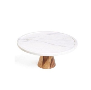 Soporte de lujo para tartas de mármol blanco con base de madera maciza, pedestal moderno para exhibir postres, ideal para decoración de mesas de cocina, panadería y fiestas. - Product Image 1