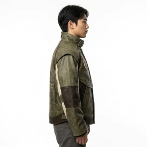 เสื้อแจ็คเก็ตหนังสีเขียวสำหรับผู้ชาย คอตั้ง ปิดด้วยซิป ดีไซน์ปักลาย กันลม สไตล์สตรีทแวร์ญี่ปุ่น - Product Image 3