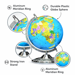 <b>Rotating</b> <b>Desk</b> Globe with Aluminum Meridian Ring | Iron Base Stand & Plastic World Map Sphere for Study Table & Office Decor - Product Image 4