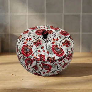 Wood Handcrafted Salad Bowl with Lid Floral Print <b>Red</b> White Round Serving Kitchen Decor <b>Microwave</b> & Oven Safe From Uttarakhand - Product Image 2