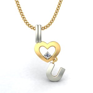 Colgante de corazón en oro amarillo con diamante redondo y dije en forma de U, estilo romántico para uso diario. - Product Image 1