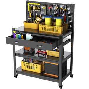Banco da Lavoro Mobile Regolabile con Pannello Forato, Cassetto e Ruote Bloccabili per Uso in Magazzino e Laboratorio - Product Image 1