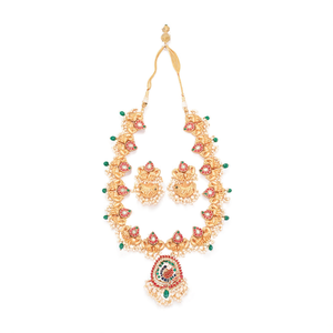 Peacock Jadau <b>Pearl</b> Bridal <b>Necklace</b> <b>Set</b> with Gold Plated Designer Earrings - Product Image 2