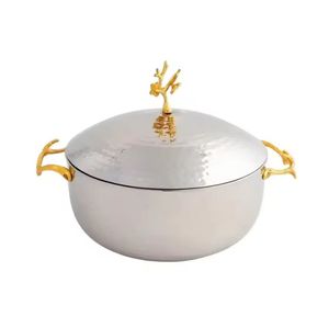 Casserole de luxe en acier inoxydable avec couvercle, poignée dorée, pot de service, bol de rangement pour roti et chapati, vaisselle pour hôtel et restaurant - Product Image 1