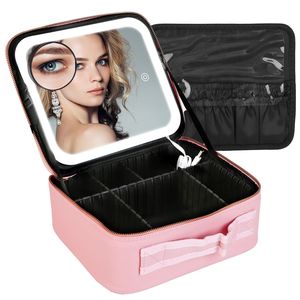 Bolsa de Maquillaje de Viaje con Luz LED Ajustable, 3 Compartimentos de Colores y Soporte para Brochas, Organizador de Cosméticos con Espejo de Aumento - Product Image 1