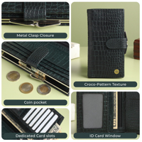 Dompet Clutch Bertekstur Kulit Asli Wanita WRIZA |   10 Slot Kartu Kantong Koin Dompet Logo Tahan Air RFID Emerald