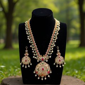 Jewelemarket Designer Double Necklace Set with Imitation Pearl and Pota Stone 24K Gold Plated for Daily Wear 10575560PGR - Product Image 3