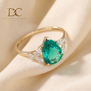 Anillo de oro macizo de 14 quilates de lujo con diamante cultivado en laboratorio y esmeralda colombiana cultivada en laboratorio para joyería de boda y fiesta para mujer - Product Image 4