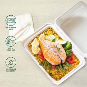 Paquete de 50 Cajas de Almuerzo Desechables de 9x6 Pulgadas, Contenedores de Alimentos Tipo Concha con Tapas Biodegradables de Caña de Azúcar, Cajas Ecológicas para Llevar, Contenedores de Papel - Product Image 3