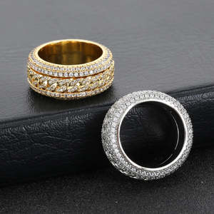 RB Gems VVS Moissanite Pave Setting <b>Spinner</b> <b>Ring</b> 925 Sterling Silver Yellow Vermeil Platinum Plating Iced Cuban Link Band - Product Image 1