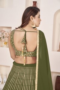 Ovlive Green <b>Sequin</b> Embroidered Lehenga Choli Organza Dupatta A-Line <b>Crop</b> <b>Top</b> Wedding Reception Outfit - Product Image 4
