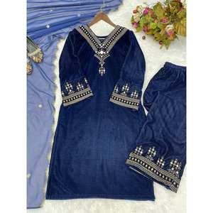 BORDADO DE SECUENCIA DE TERCIOPELO A LA MODA CON PANTALÓN SUPERIOR DE TRABAJO DE ESPEJO REAL CON DUPATTA AZUL MARINO - Product Image 4