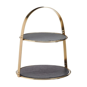 Modern Two-Tier <b>Cake</b> <b>Stand</b> With Round Dark Slate Platters Sleek Gold Metal Frame An Arching Top Carrying Handle Decorative item - Product Image 1
