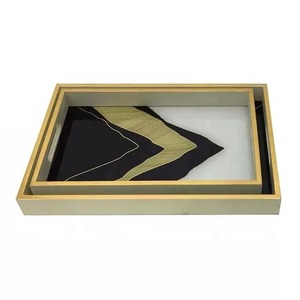 Woodland Grace Plate Rectangular Wood Serving Tray with Marbled Design <b>Pink</b> <b>Frame</b> Modern Style Handprinted Surface Platter - Product Image 3