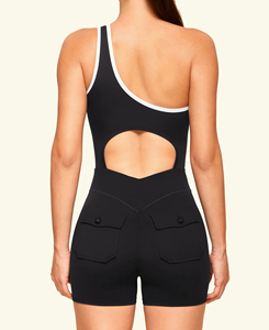 Combinaison de yoga asymétrique noire sans manches pour femme, taille haute, effet ventre plat, moulante, couleur unie, bretelles spaghetti - Product Image 3